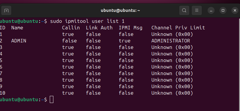 sudo ipmitool user list 1
